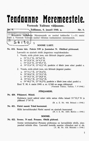 Teadaanne Meremeestele : Veeteede Talituse väljaanne ; 9 1940-06-06