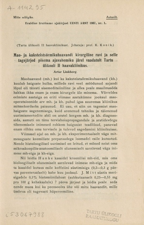 Mao- ja kaksteistsõrmikuhaavandi kirurgiline ravi ja selle tagajärjed pikema ajavahemiku järel vaadatult Tartu ülikooli II haavakliinikus