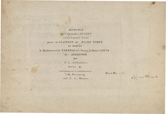 Romance de l'Opera Le secret : variée à quatre mains pour le clavecin ou piano forte et dediée à Mademoiselle Therese et à Monsr. le Baron Louis de Stedingk par F. I. Lithander