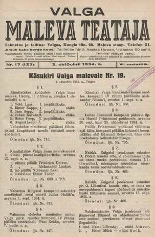 Valga Maleva Teataja ; 17 (123) 1934-10-02