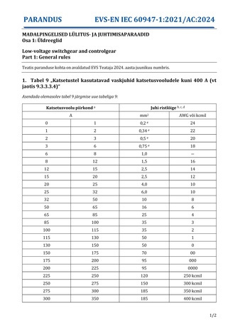 EVS-EN-IEC 60947-1:2021-AC:2024 Madalpingelised lülitus- ja juhtimisaparaadid. Osa 1, Üldreeglid = Low-voltage switchgear and controlgear. Part 1, General rules 