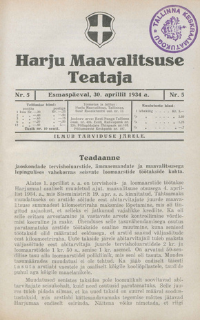 Harju Maavalitsuse Teataja ; 5 1934-04-30