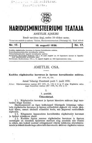 Haridusministeeriumi Teataja ; 17 1938-08-18