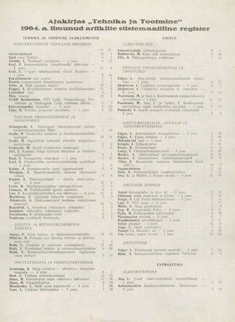 Tehnika ja Tootmine ; sisukord 1964