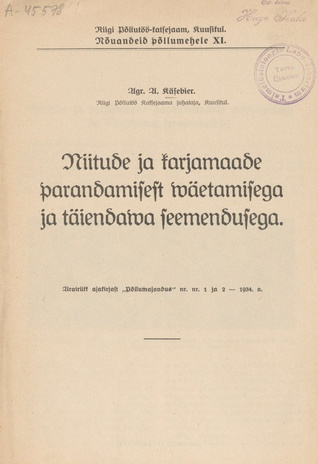 Niitude ja karjamaade parandamisest wäetamisega ja täiendawa seemendusega