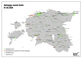 Apteegiteenuse kättesaadavus Eesti asulates : apteegiga asulad Eestis 01.02.2020 