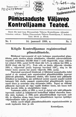 Piimasaaduste Väljaveo Kontrolljaama Teated ; 1 1936-01-14