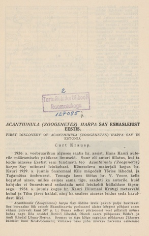 Acanthinula (zoogenetes) harpa say esmasleiust Eestis = First Discovery of Acanthinula (zoogenetes) harpa say in Estonia