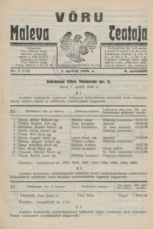 Võru Maleva Teataja ; 7 (116) 1938-04-01