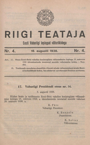 Riigi Teataja. Eesti Vabariigi lepingud välisriikidega ; 4 1938-08-16