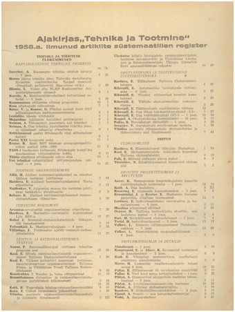 Tehnika ja Tootmine ; sisukord 1958