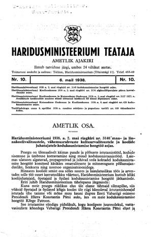 Haridusministeeriumi Teataja ; 10 1938-05-06