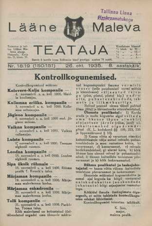 Lääne Maleva Teataja ; 18/19 (150/151) 1935-10-26