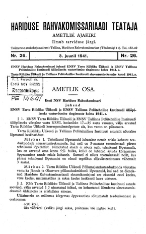 Hariduse Rahvakomissariaadi Teataja ; 26 1941-06-03