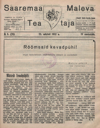 Saaremaa Maleva Teataja ; 6 (76) 1932-03-23